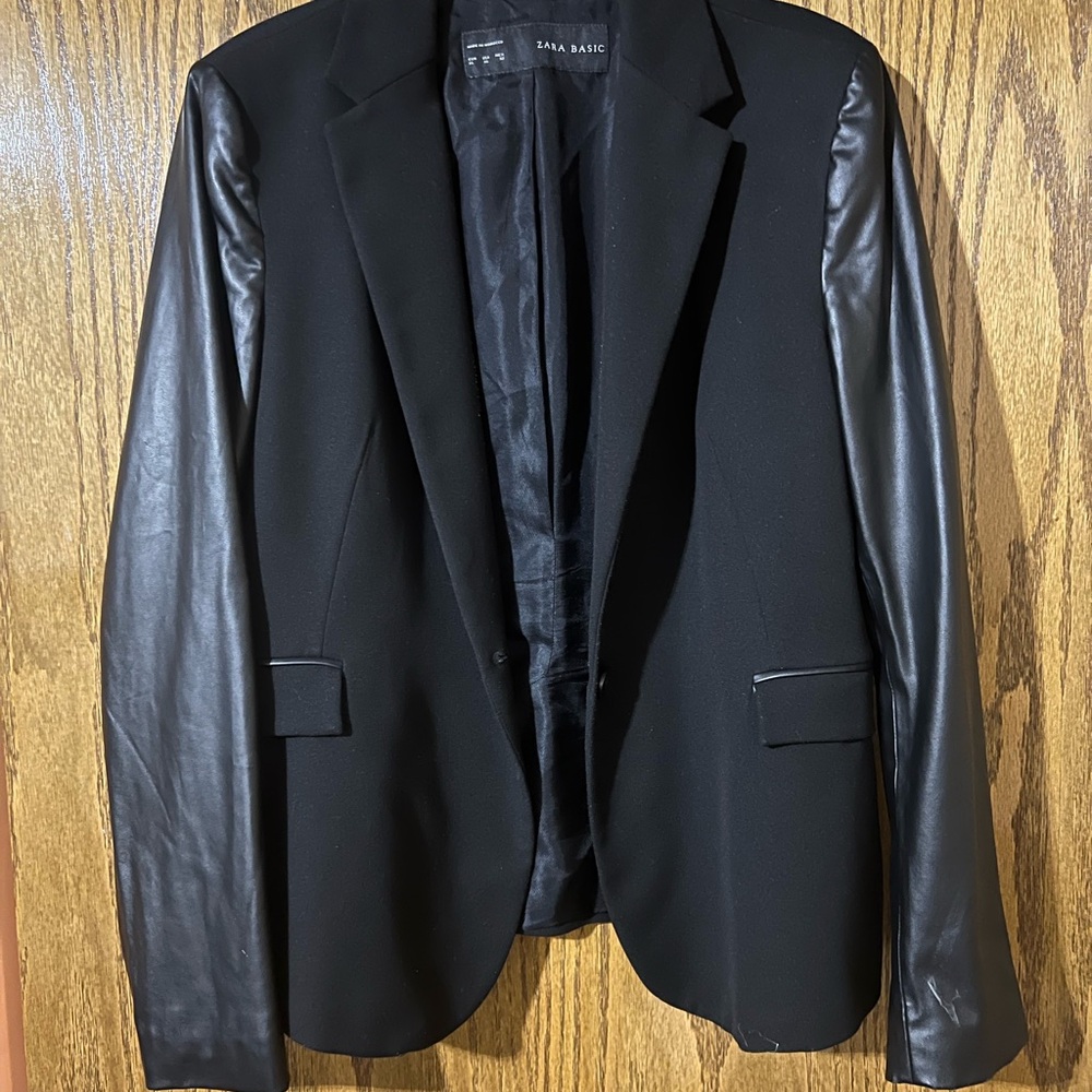 Zara Black Jacket with Leather-Style Sleeves